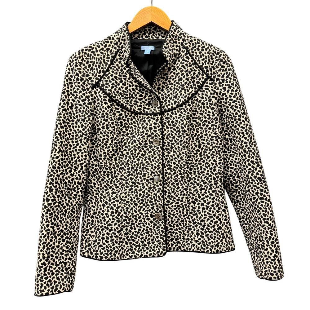 J McLaughlin Blazer‎ Womens 6 Brown Cream Jacket Button Up Lined Leopard Print